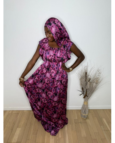 Robe longue en satin avec foulard assorti