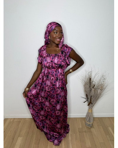 Robe longue en satin avec foulard assorti