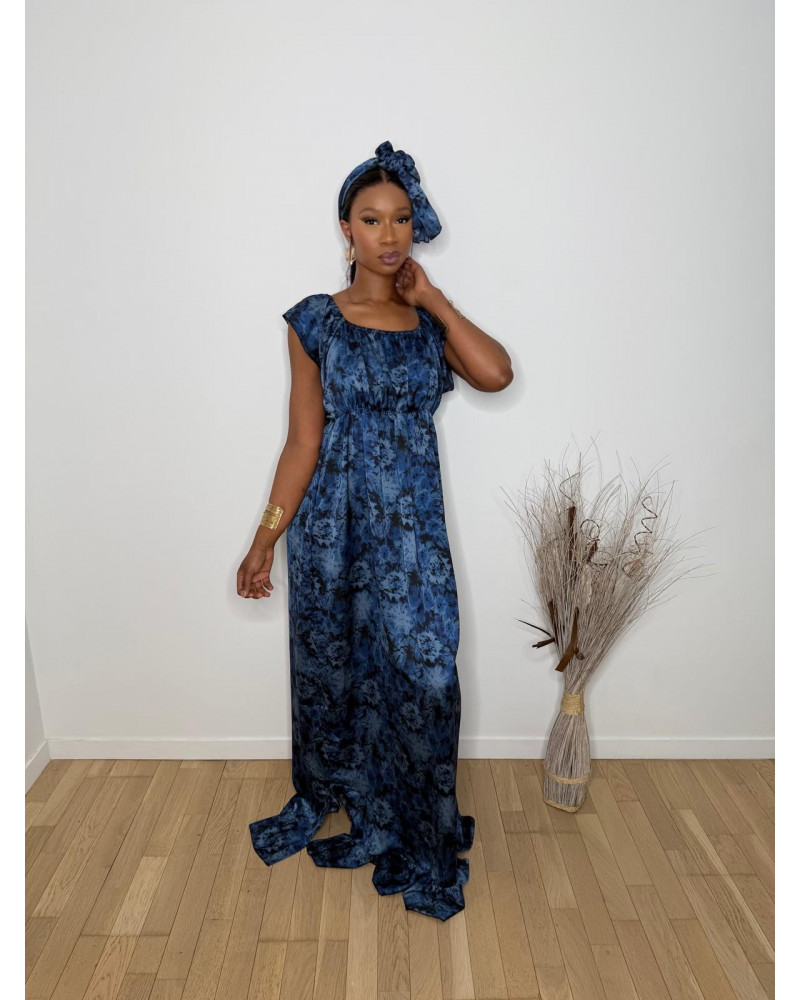 Robe longue en satin avec foulard assorti