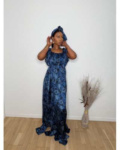Robe longue en satin avec foulard assorti